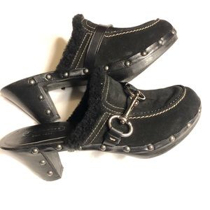 Coach Regina black suede leather mules shoes, wood heel clogs